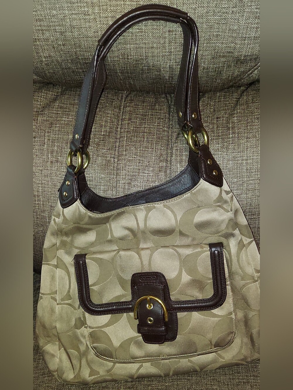 Coach Beige Signature Jacquard Hobo with Dark Brown Leather Trim
